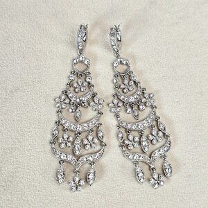 Monet Silver Crystal Tiered Floral Chandelier Statement Earrings - 3" Drop